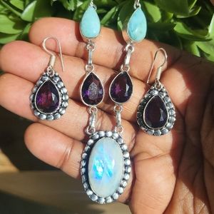 Crystal Jewelry Set Larimar / Amethyst / Rainbow Moonstone / Necklace Earrings